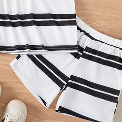 Boys Black Short Sleeve Striped Polo T-Shirt With Shorts Sets
