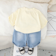 Boys Apricot Graphic Short Sleeves T-Shirt With Printed Denim Shorts Set