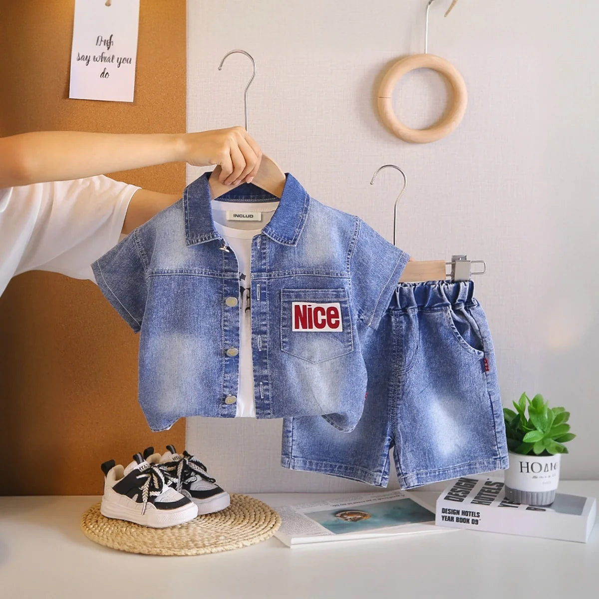 Boys Blue Denim Shirt & Shorts With Sleeveless T-Shirt Sets