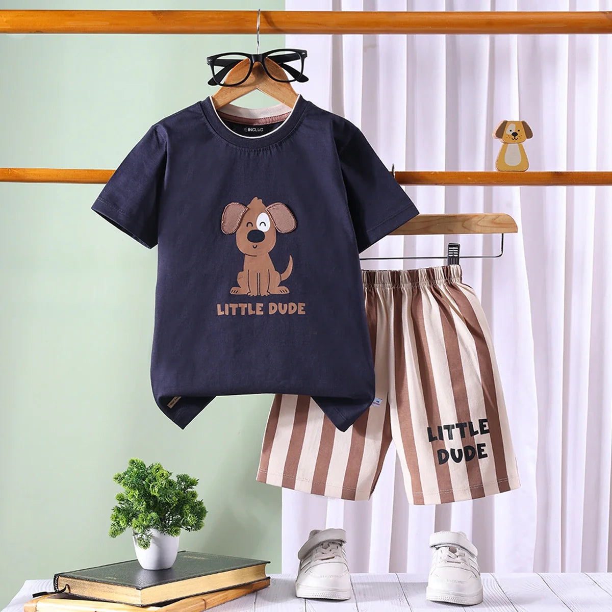 Boys Black Dog Graphic T-Shirt With Striped Shorts Sets