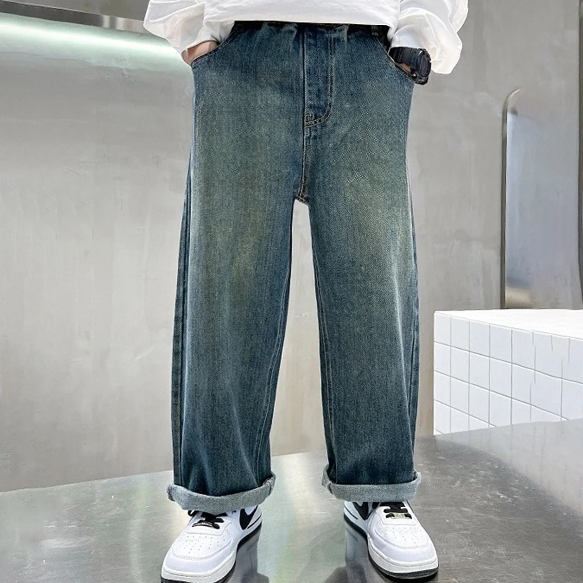 Boys Blue Graphic Baggy Fit Denim Jeans