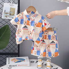 Boys Apricot Printed Short Sleeve Shirt With Shorts Set