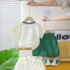 Boys Bag-pack Appliqued T-Shirt With Green Shorts Set
