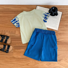 Boys Blue Abstract Print Short Sleeves T-Shirt With Cargo Shorts Set