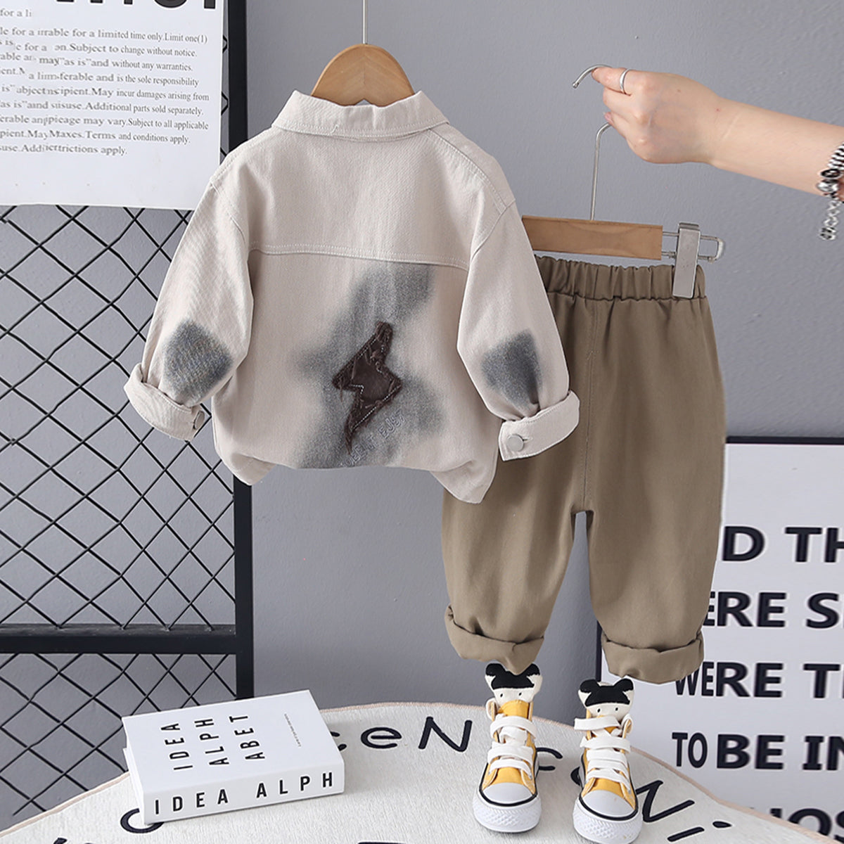 Boys Beige Solid Shacket With Printed T-Shirt & Pants Set