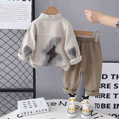 Boys Beige Solid Shacket With Printed T-Shirt & Pants Set