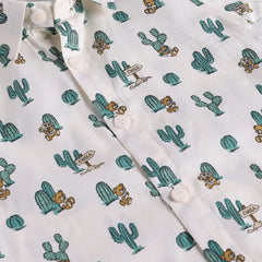 Boys Blue Cactus Printed Shirt With T-Shirt And Shorts Sets