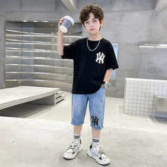 Boys Black Printed Drop Shoulder T-Shirt With Denim Capri Sets
