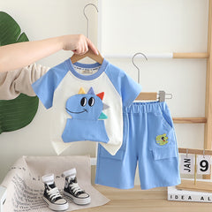Boys Blue Dino Patchwork Raglan Sleeve T-shirt with Shorts Set