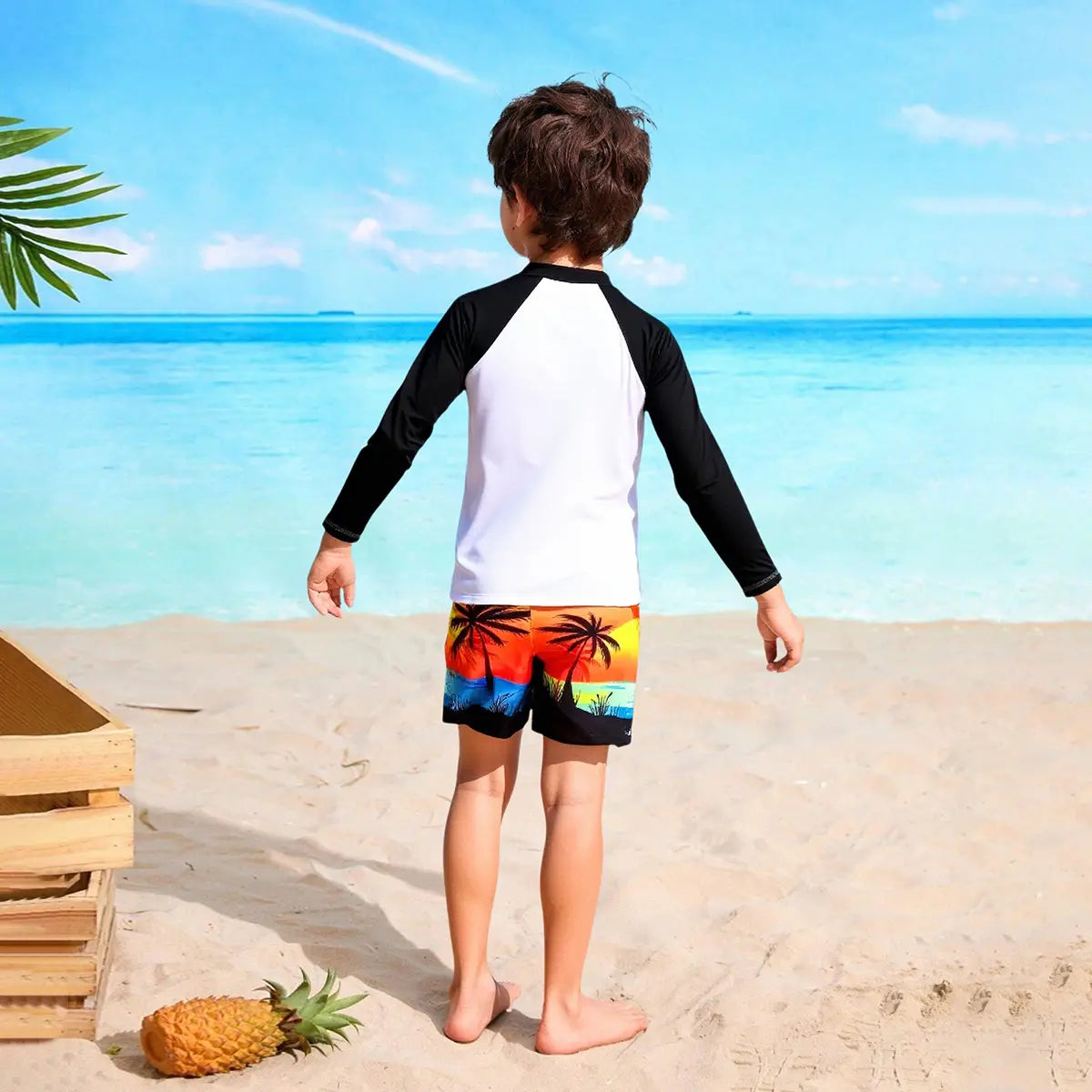 Boys Black Tropical Printed Long Sleeves T-Shirt & Shorts Swimsuit Sets