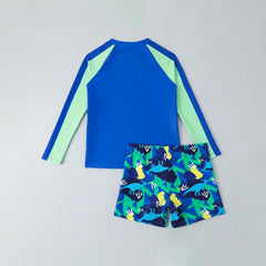 Boys Blue Graphics Long Sleeves T-Shirt & Shorts Swimsuit Sets