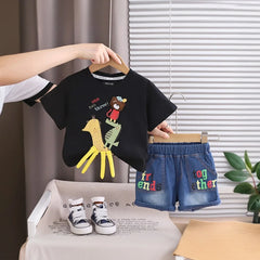 Boys Black Animal Applique Short Sleeve T-Shirt With Denim Shorts Sets
