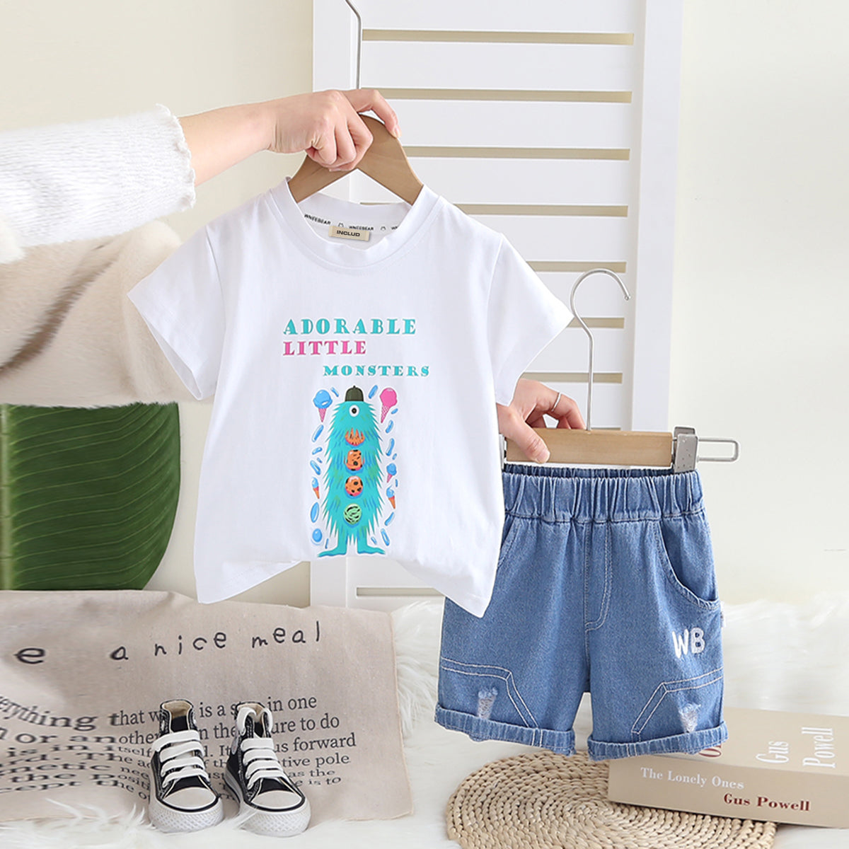 Boys  White Graphic Printed Short Sleeves T-Shirt With Denim Shorts Set