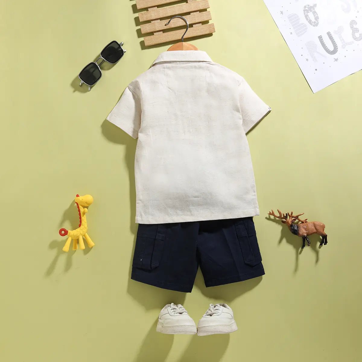 Boys Beige Embroidered Short Sleeve Shirt With Navy Shorts Sets