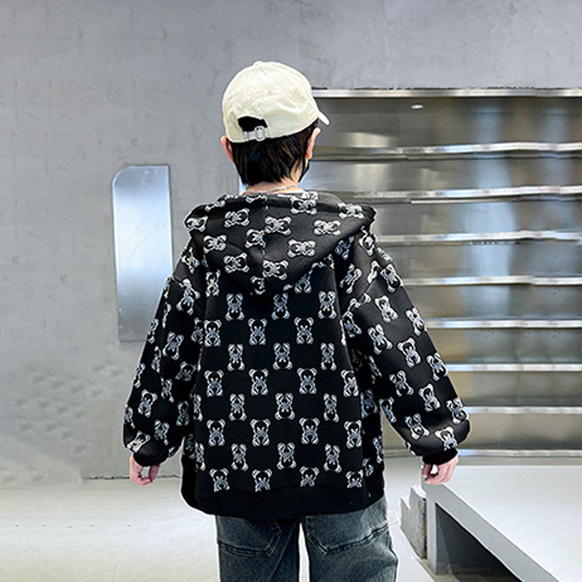Boys Black Teddy Printed Hooded Front Zipper Winter Jacket