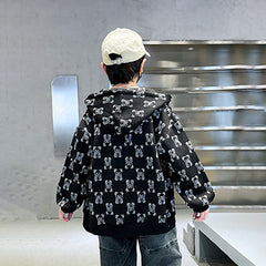 Boys Black Teddy Printed Hooded Front Zipper Winter Jacket