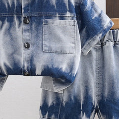 Boys Blue Denim Tie-Dye Printed Shirt & Short Co-ord Sets