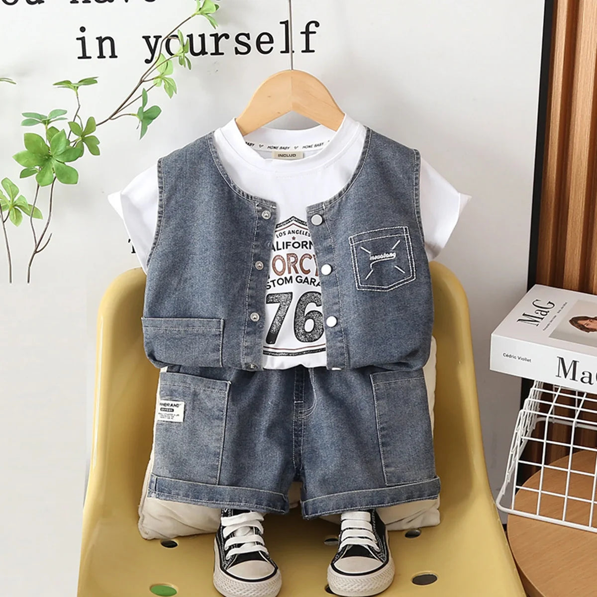 Boys Blue Denim Sleeveless Vest & Shorts With Printed T-Shirt Sets