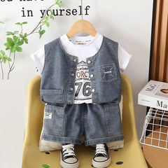Boys Blue Denim Sleeveless Vest & Shorts With Printed T-Shirt Sets