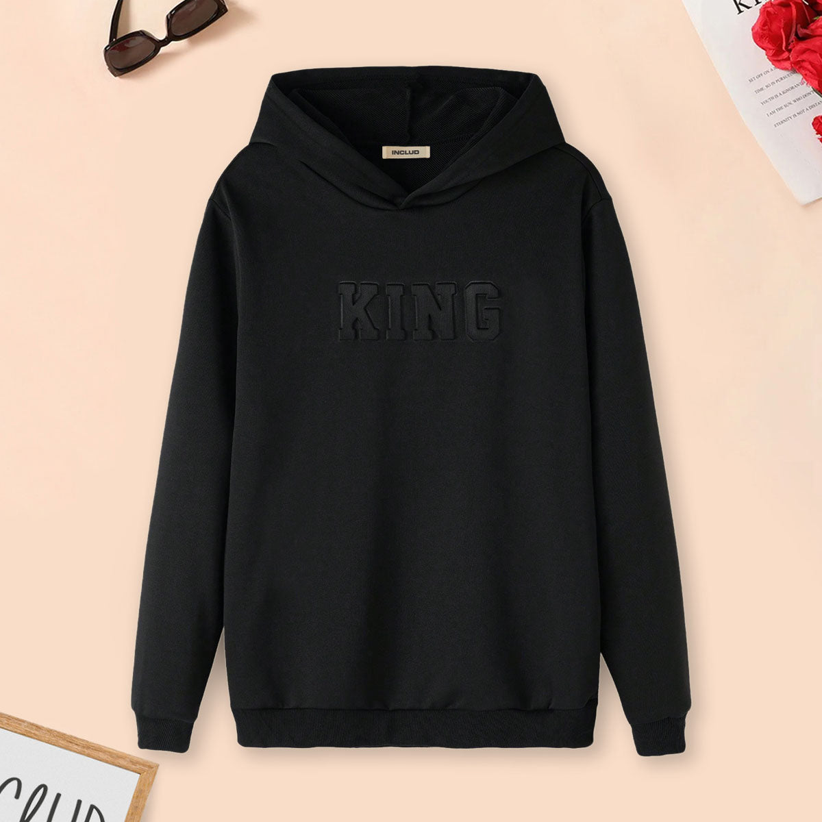 Boys Black Embossed King Printed Hooded Sweatshirt