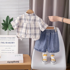 Boys Beige Checked Shirt With Printed T-Shirt & Denim Shorts Set
