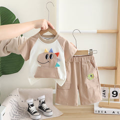 Boys Beige Dino Patchwork Raglan Sleeve T-shirt with Shorts Set