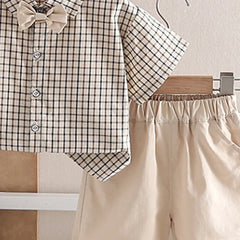 Boys Beige Checked Short Sleeve Shirt with Shorts Sets