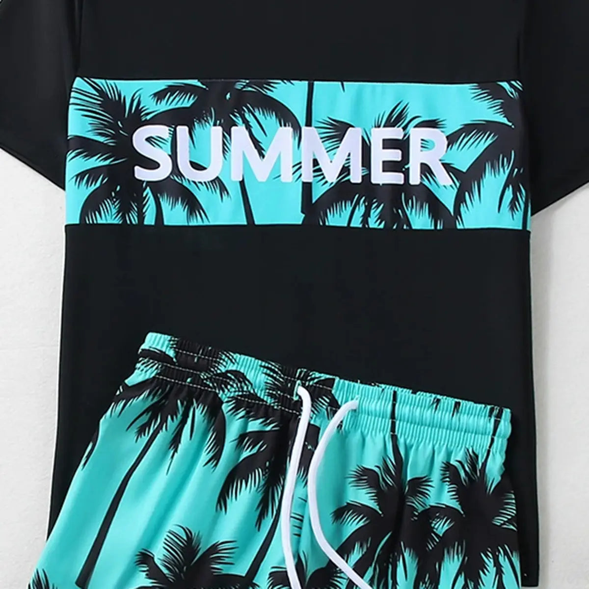 Boys Black Tropical Printed Short Sleeves T-Shirt & Shorts Swimsuit Sets