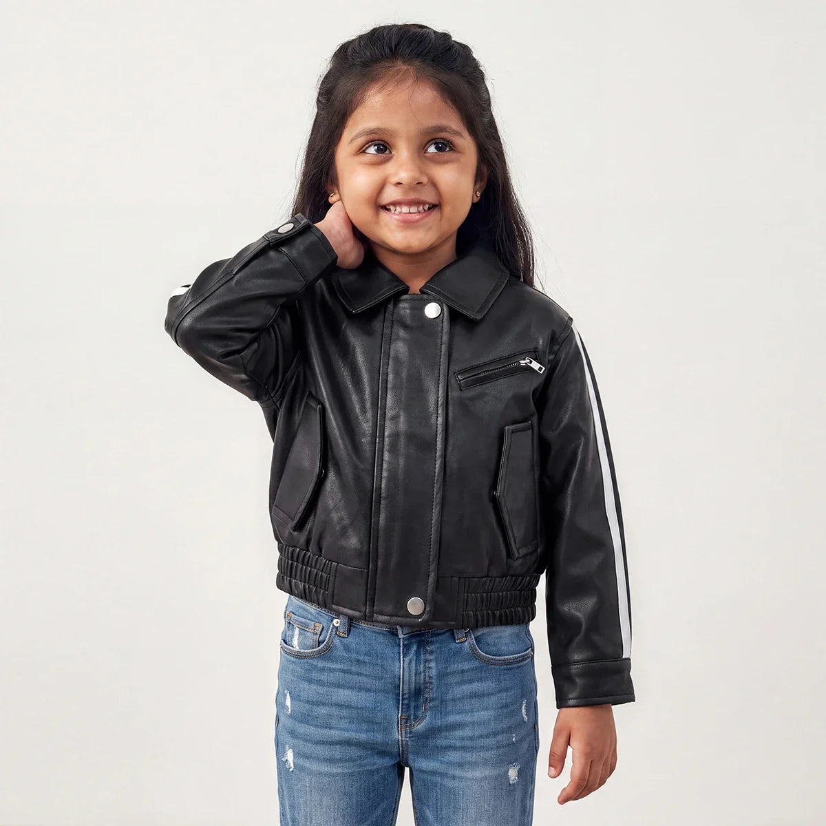 Boys Black Striped Long Sleeve Faux Leather Jackets