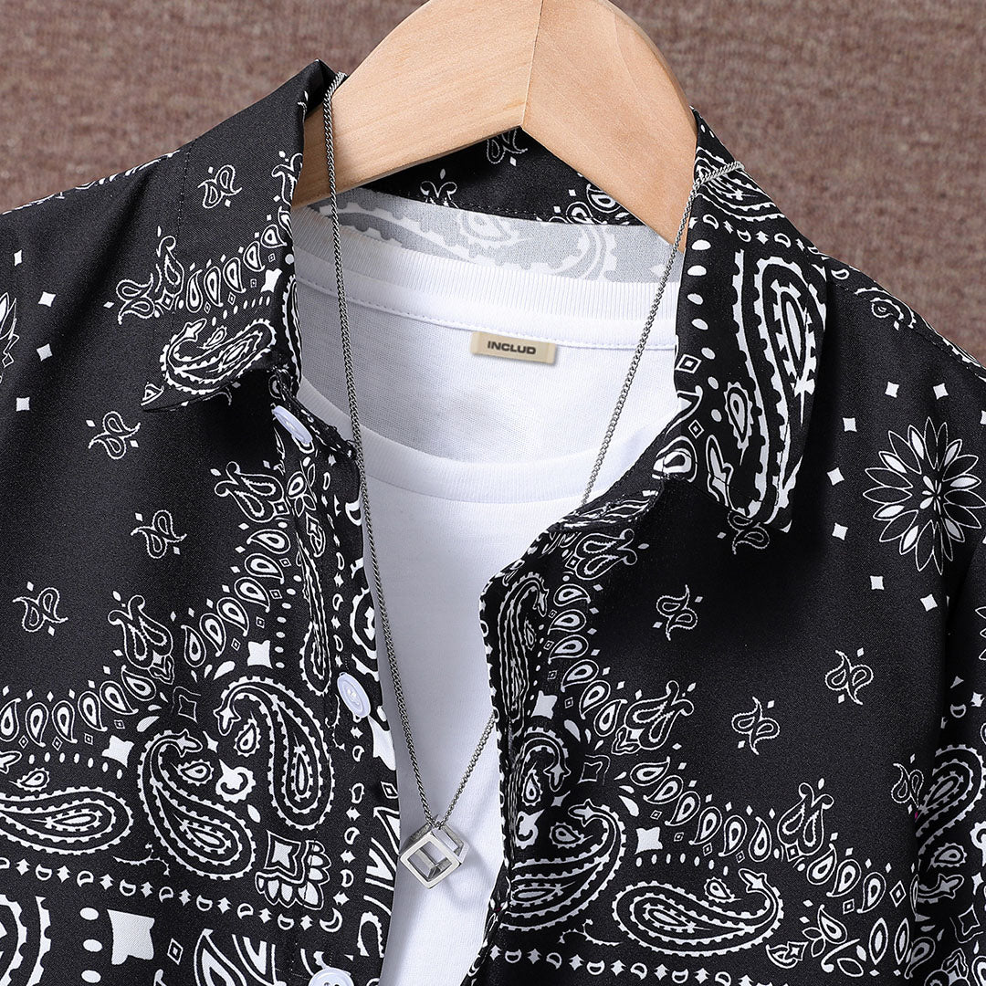 Boys Black Paisley Print Short Sleeve Shirt With Shorts Set