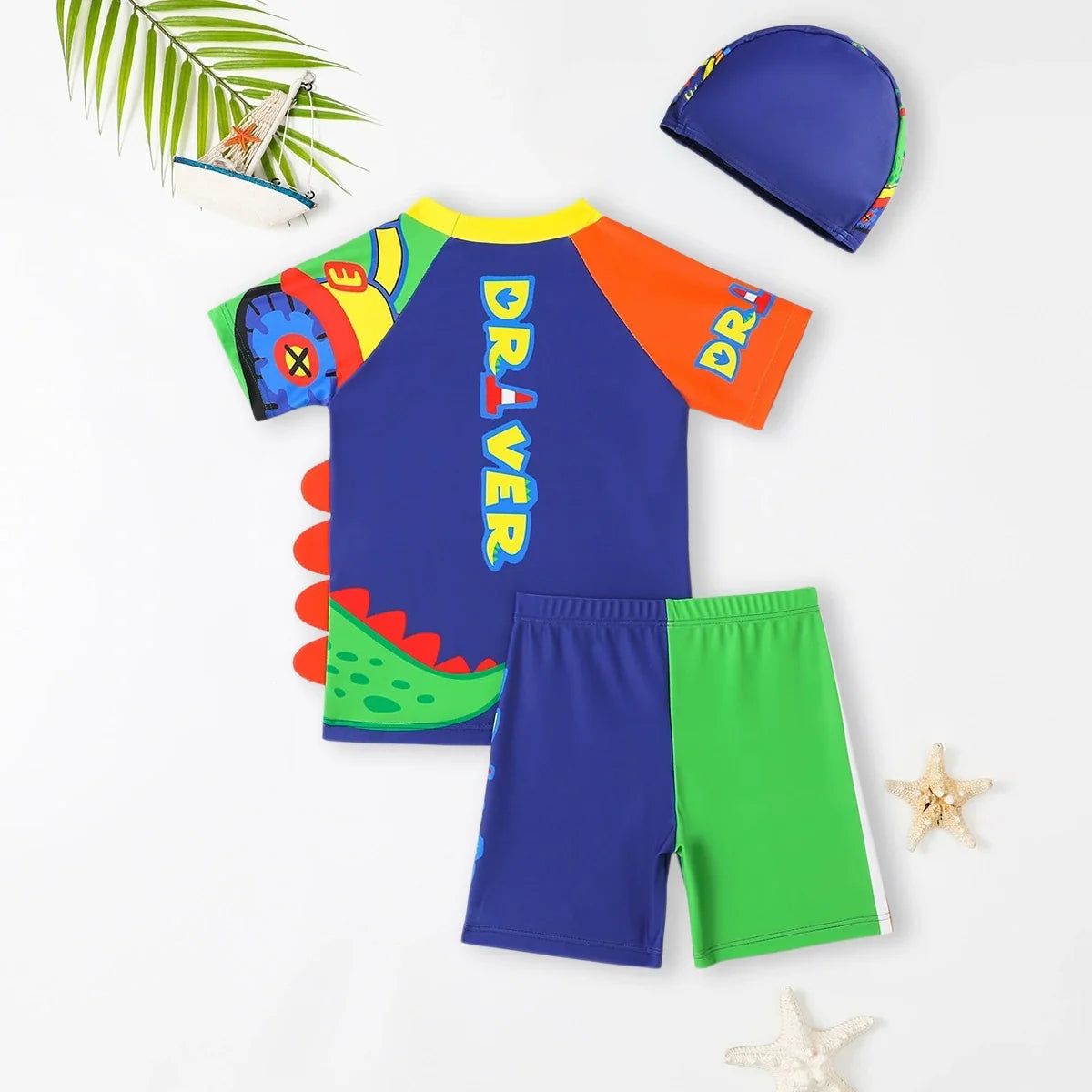 Boys Blue Dinosaur Printed T-Shirt With Shorts & Cap Swimwear Sets