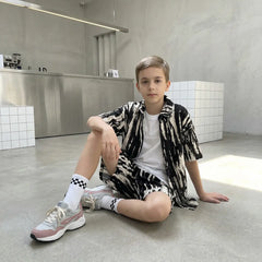 Boys Black Abstract Print Short Sleeves Shirt With Shorts Co-ord Sets