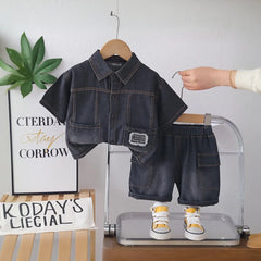 Boys Black Denim Short Sleeves Shirt & Shorts Co-ord Sets
