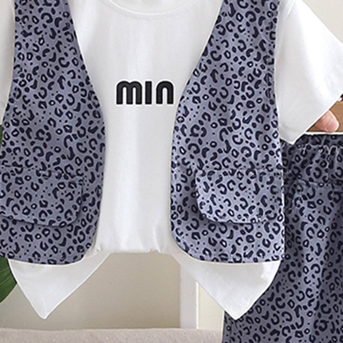Boys Attached Waistcoat T-Shirt With Purple Animal Printed Shorts Set