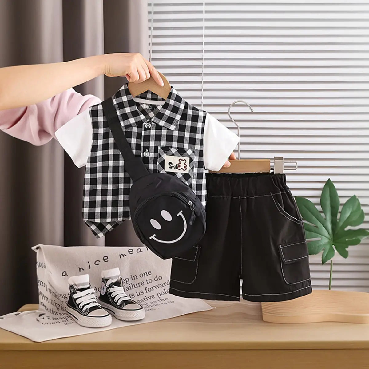 Boys Black Checked Shirt With Cargo Shorts & Sling Bag Sets