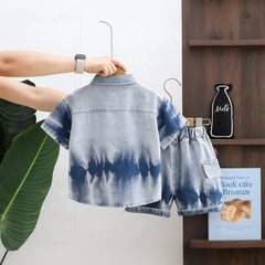 Boys Blue Denim Tie-Dye Printed Shirt & Short Co-ord Sets
