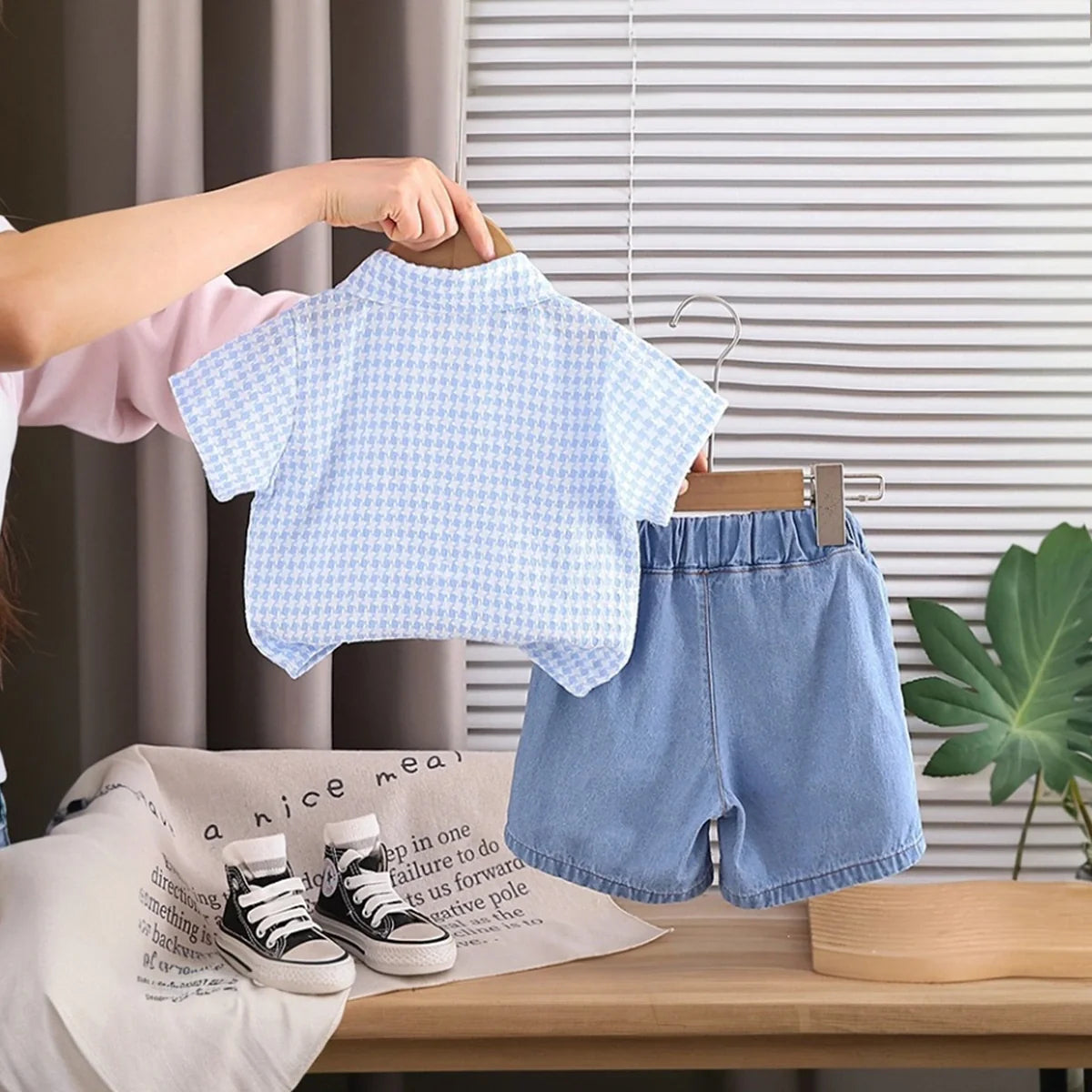 Boys Blue Checked Short Sleeve Shirt With Denim Shorts Sets