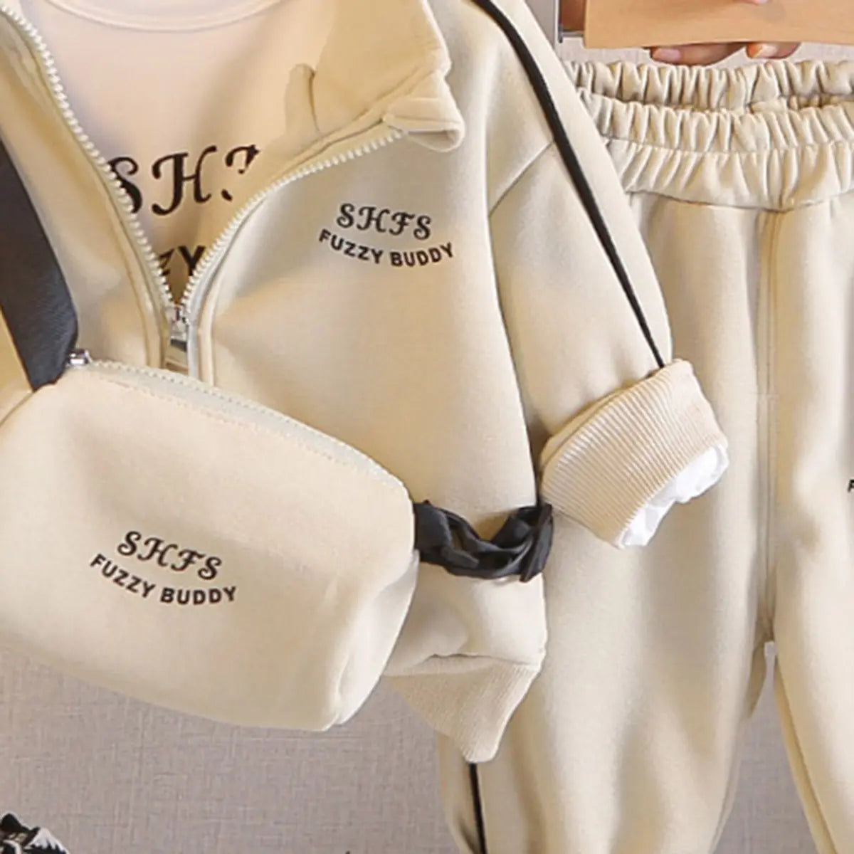 Boys Beige Typographic Printed Zip-up Jacket & Jogger With T-Shirt & Sling Bag Sets