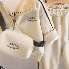 Boys Beige Typographic Printed Zip-up Jacket & Jogger With T-Shirt & Sling Bag Sets