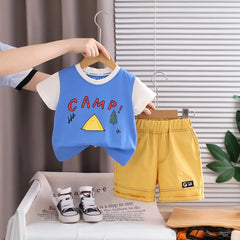 Boys Blue Camp Graphic Round Neck T-Shirt with Elasticated Shorts Sets