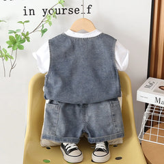 Boys Blue Denim Sleeveless Vest & Shorts With Printed T-Shirt Sets