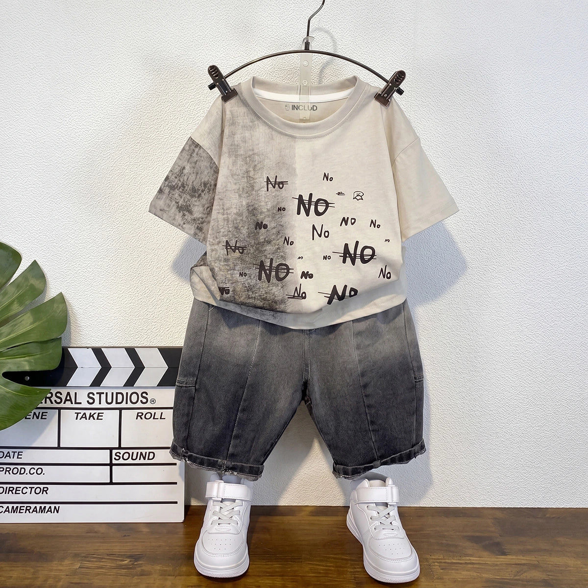 Boys Beige Short Sleeve Typography Print T-Shirt With Denim Shorts Sets