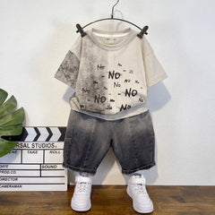Boys Beige Short Sleeve Typography Print T-Shirt With Denim Shorts Sets