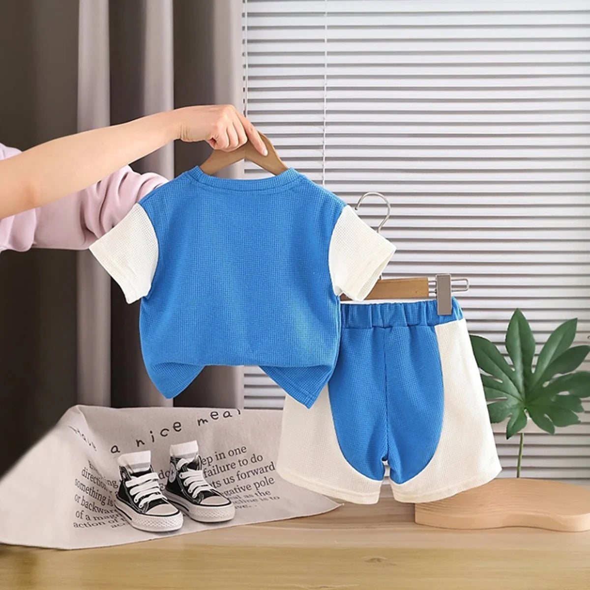 Boys Blue Horse Printed Short Sleeve T-Shirt With Elasticated Shorts Sets