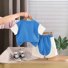 Boys Blue Horse Printed Short Sleeve T-Shirt With Elasticated Shorts Sets