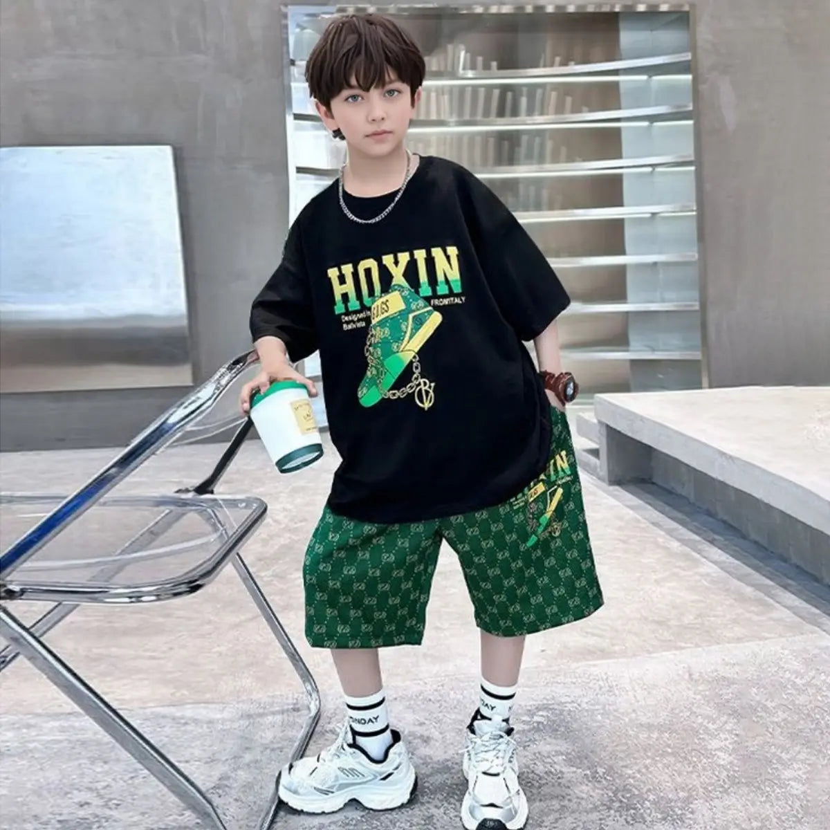 Boys Black Graphics Oversized T-Shirt With Shorts Set