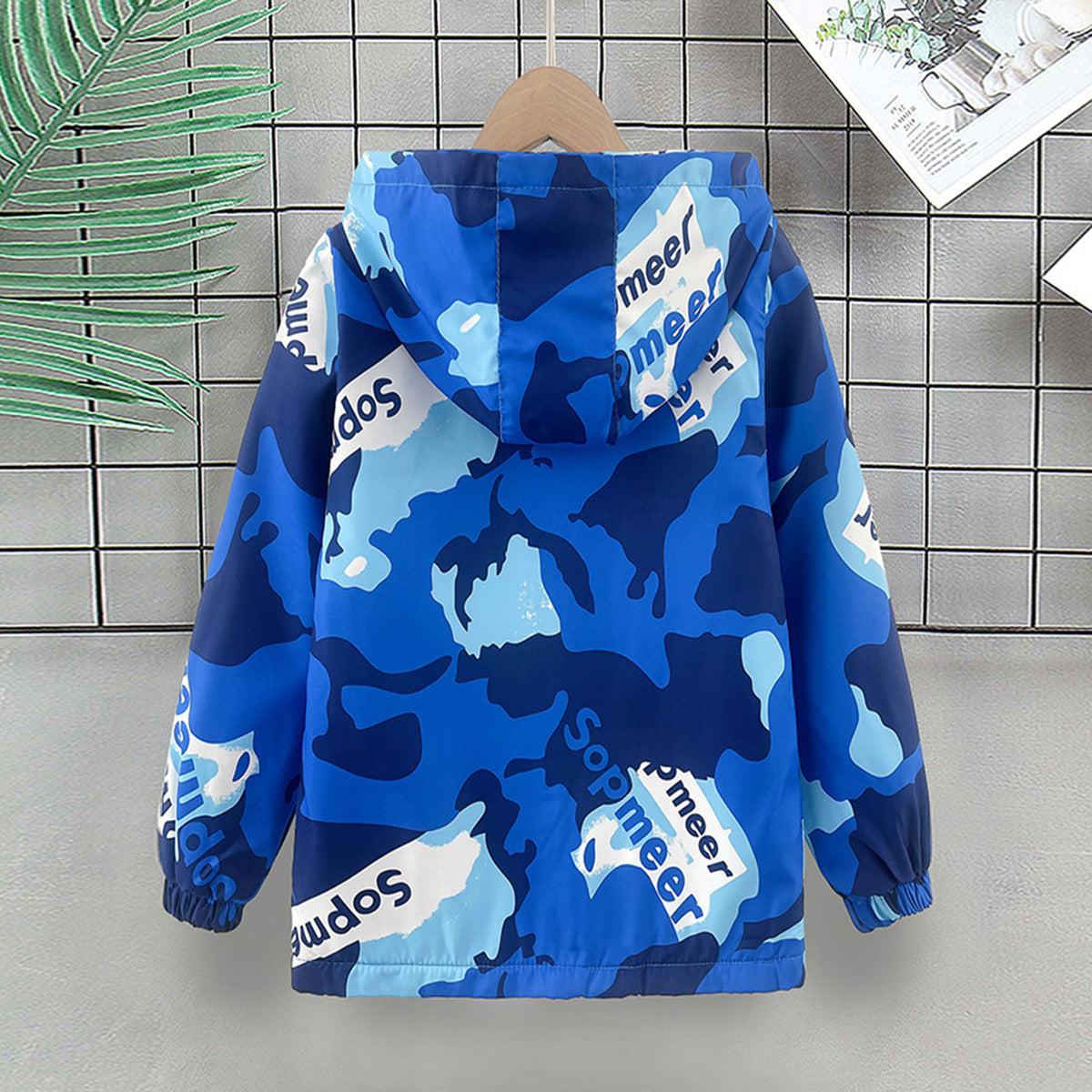 Boys Blue Abstract Printed Hooded Zipper Jacket