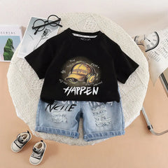 Boys Black Cap Graphic Short Sleeve T-Shirt With Distressed Denim Shorts Sets