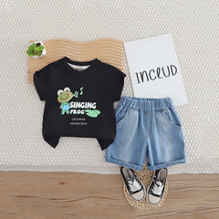 Boys Black Frog Graphic Short Sleeves T-Shirt With Denim Shorts Set