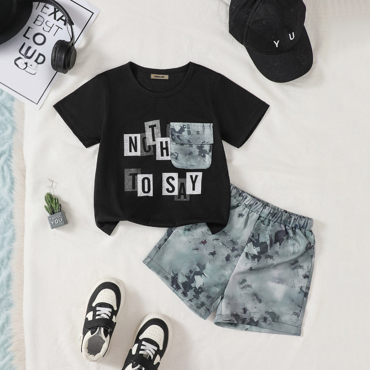Boys Black Typographic Printed Contrast Patch Pocket T-Shirt With Shorts Set